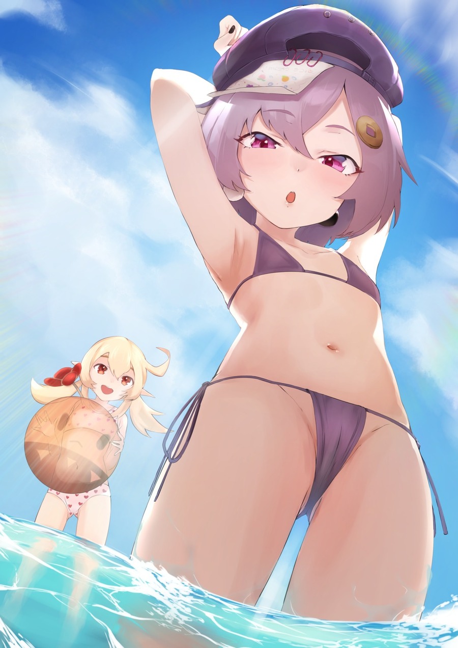 yande.re 1012404 sample bikini cameltoe genshin_impact klee loli mikayu_1 pointy_ears qiqi swimsuits thong wet.jpg